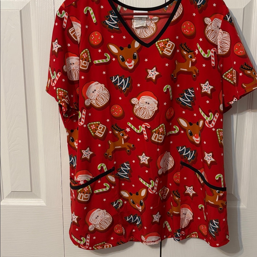 Festive Red Holiday Scrub Top